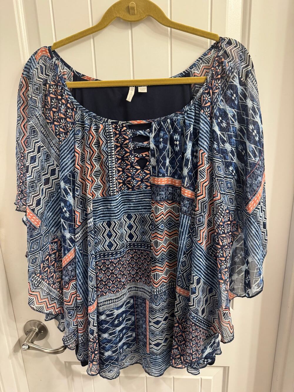 Cato Plus Size 26/28 Blue/White/Orange Geometric Boho Top